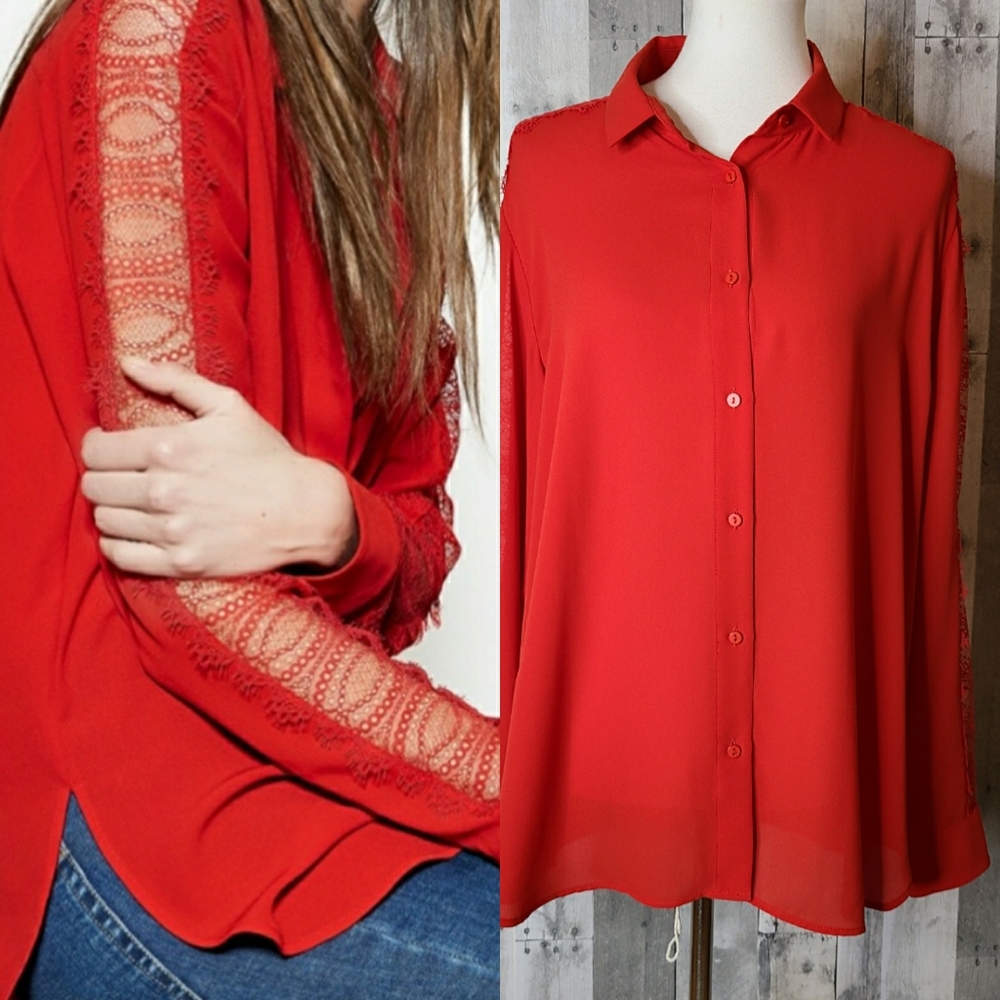EUC Beautiful “The Kooples” Red Crepe & Lace Button Down Blouse Special occasion
